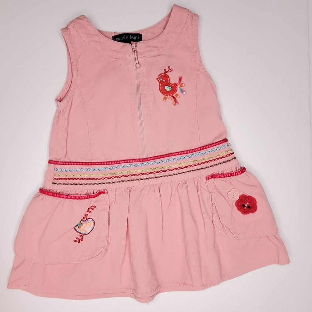 {Souris Mini} Pink Embroidered Patch Corduroy Dress